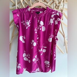 Ann Taylor Fuchsia Floral Blouse ruffles neck NWOT sz Lp